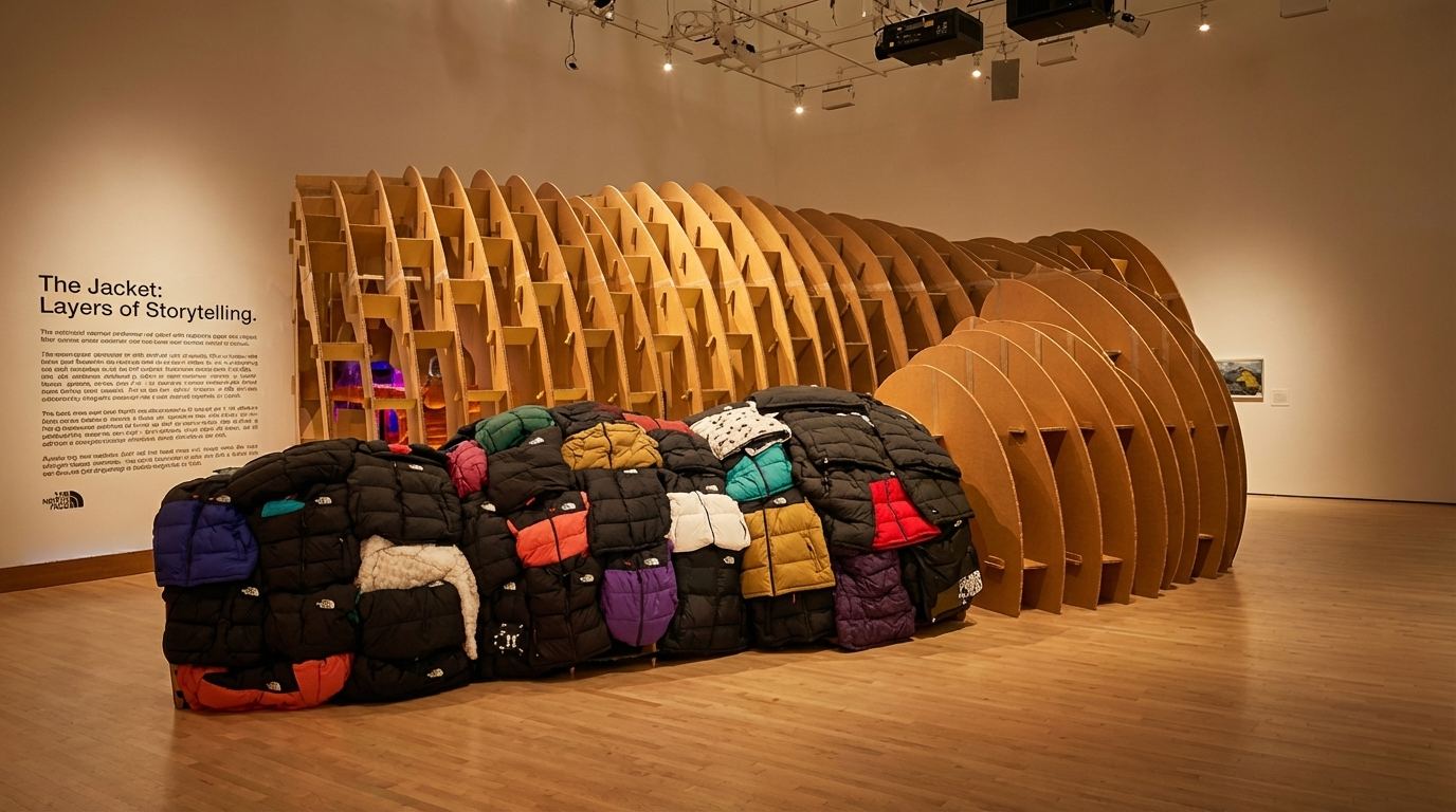 Cardboard rib tunnel with a pile of puffer jackets in a white gallery